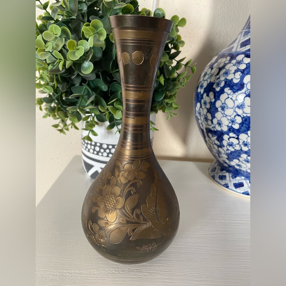 Etched Solid Brass Vase Made In India With Floral flower Etchings 8.25” Vintage